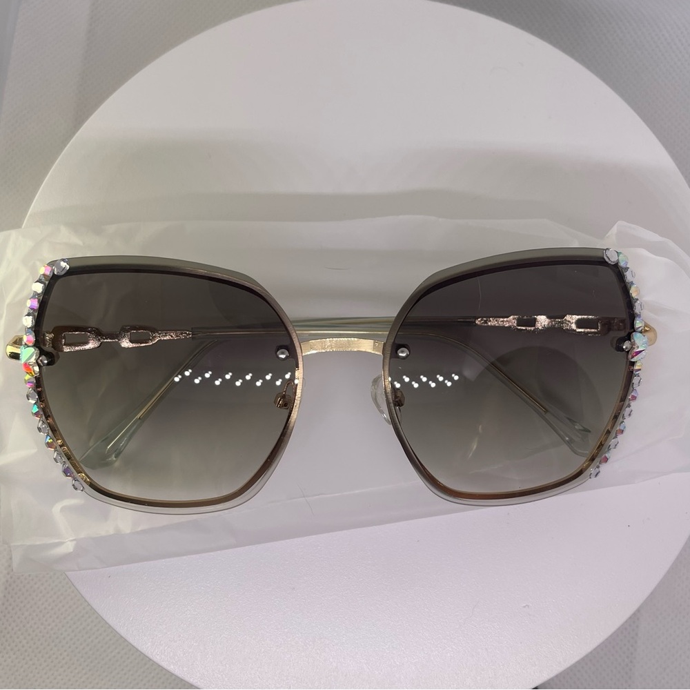Oversized green gradient rimless rhinestone decor sunglasses - Picture 5 of 9